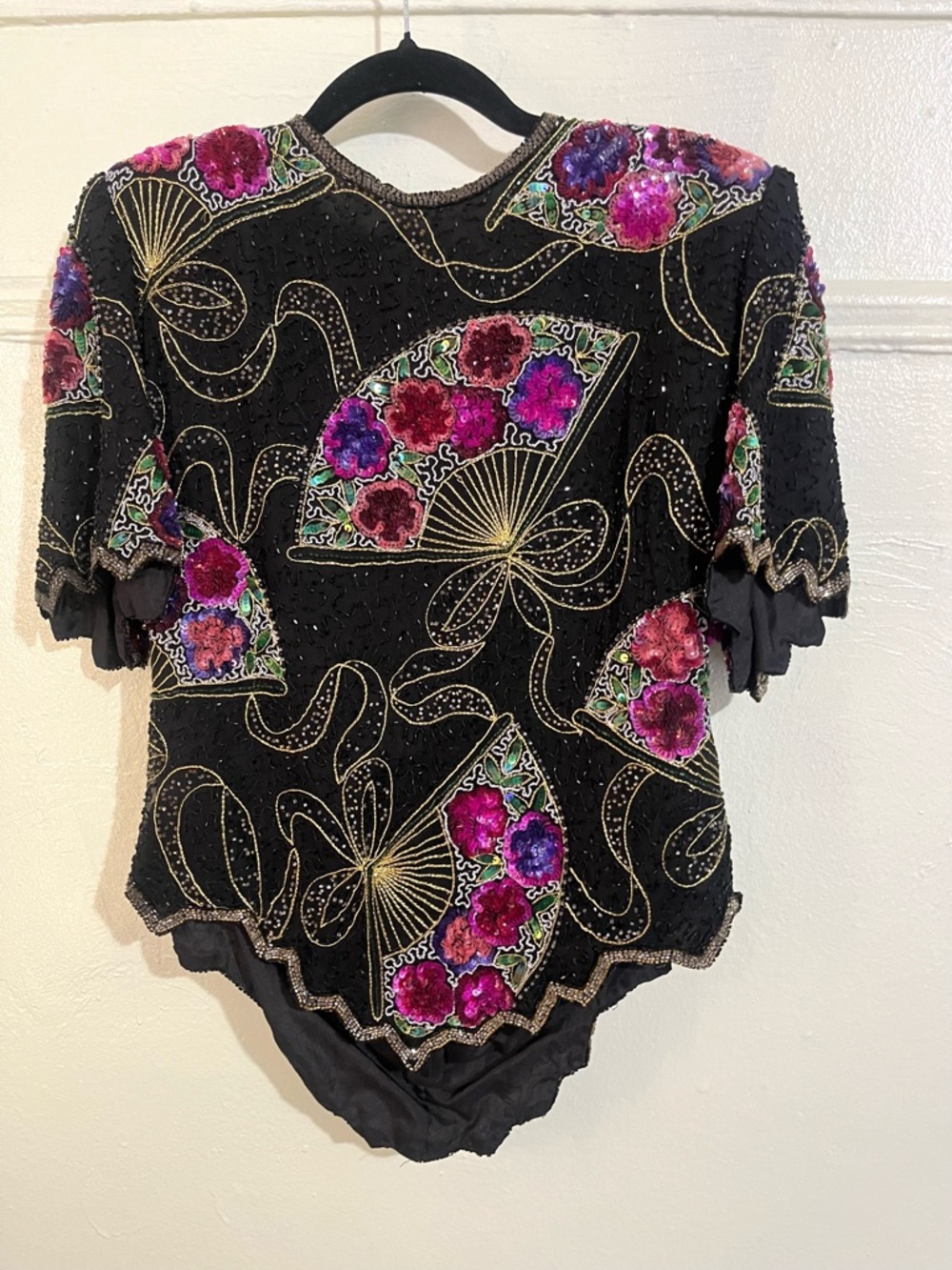 Vintage Laurence Kazar Beaded Black Short Sleeve Top with Floral Fans Top.